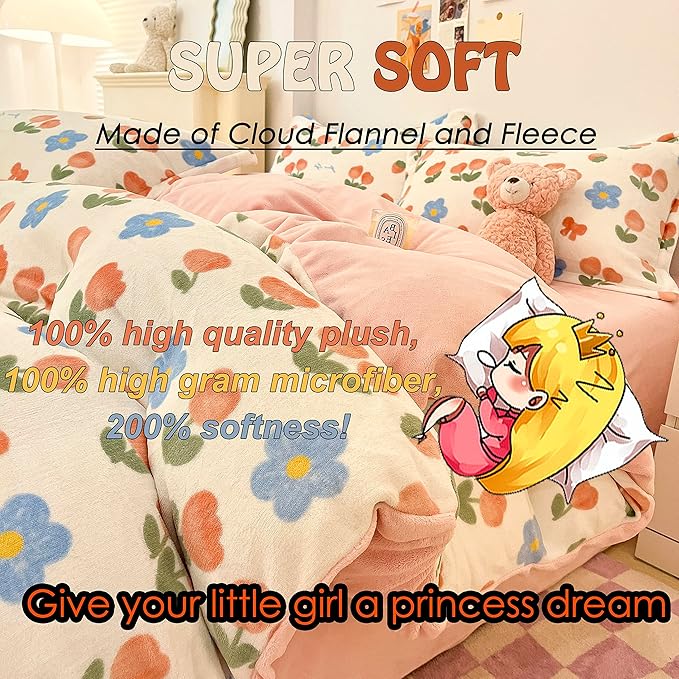 MorroMorn Pink Duvet Cover Queen, Pink Bed Set Tulips Floral Bedding Sets, Plush Fluffy Comforter Covers Set, Down Alternative Blanket Ultra Soft for Girls Kids Teen Women Full Double Size