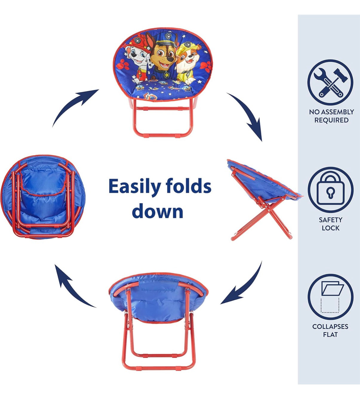 Paw Patrol Chase, Rubble and Marshall Toddler 19” Folding Saucer™ Chair with Metal Frame, Ages 3+