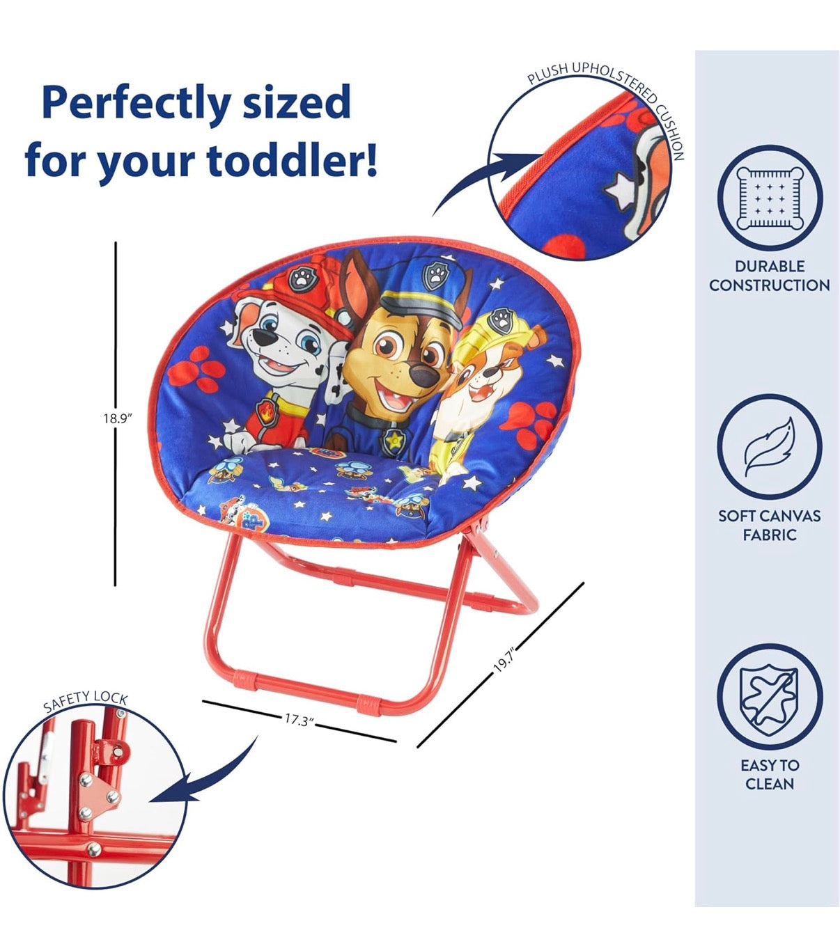 Paw Patrol Chase, Rubble and Marshall Toddler 19” Folding Saucer™ Chair with Metal Frame, Ages 3+